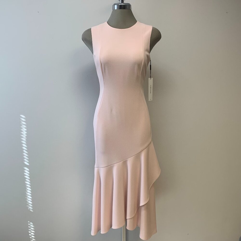 Calvin Klein Pink Sleeveless Midi Sheath Ruffle Hem Dress Women's Size 4